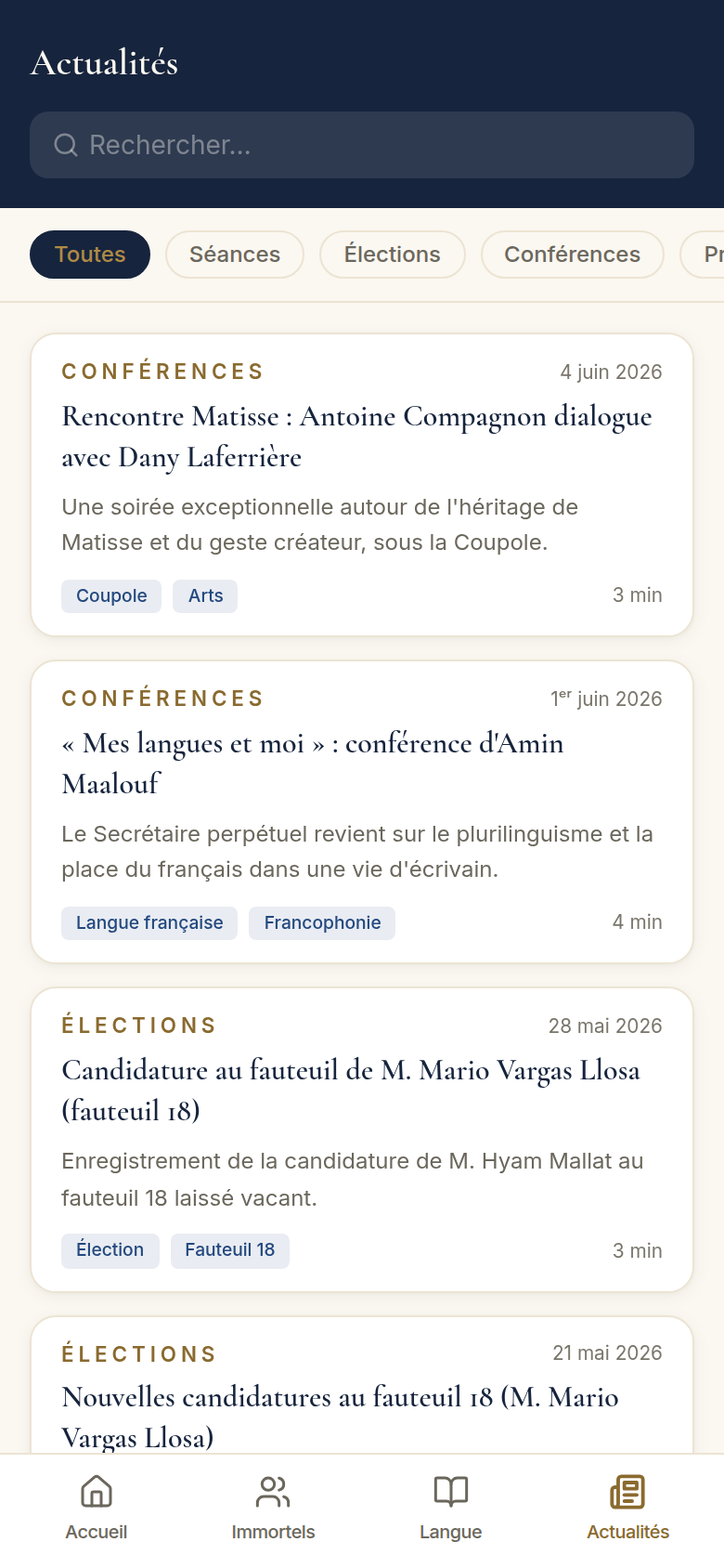 Actualités filtrables par catégorie