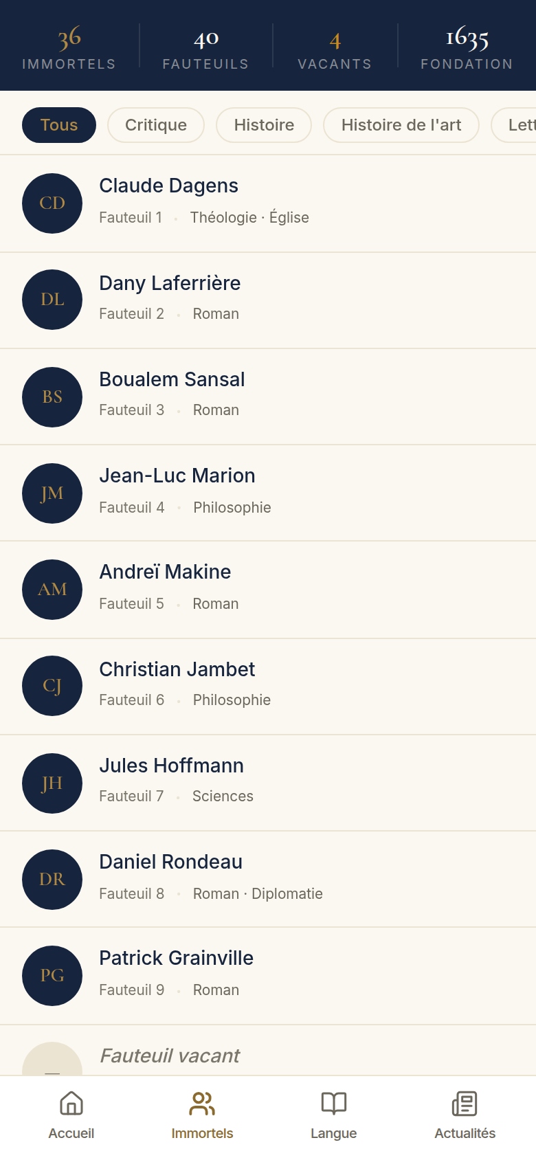 Les Immortels filtrables par discipline