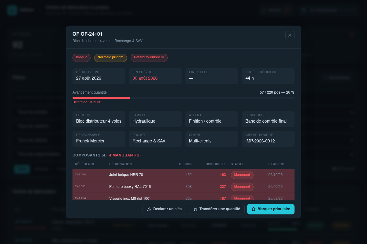 Fiche OF avec composants manquants et actions