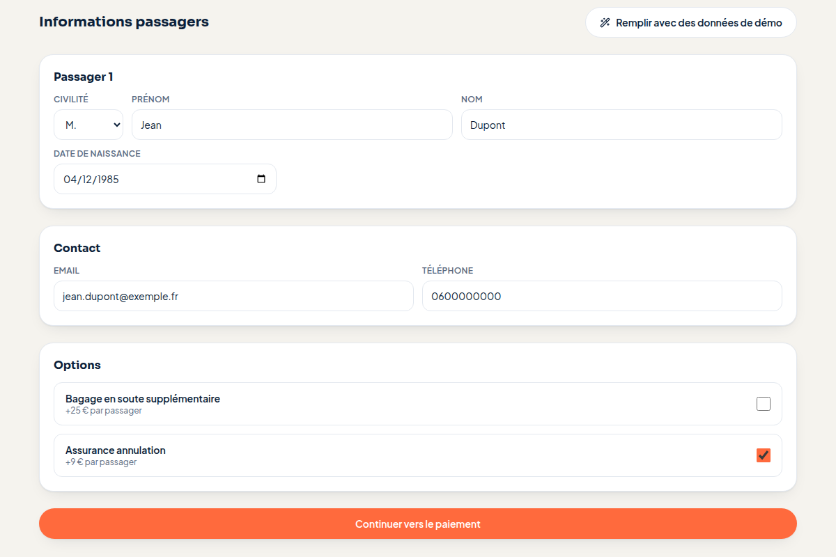 Infos passager, contact et options bagage ou assurance