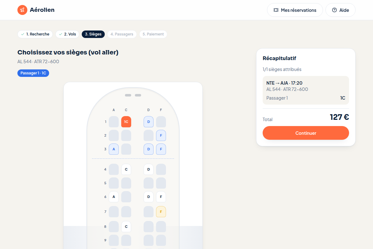 Plan de cabine ATR 72 et siège sélectionné