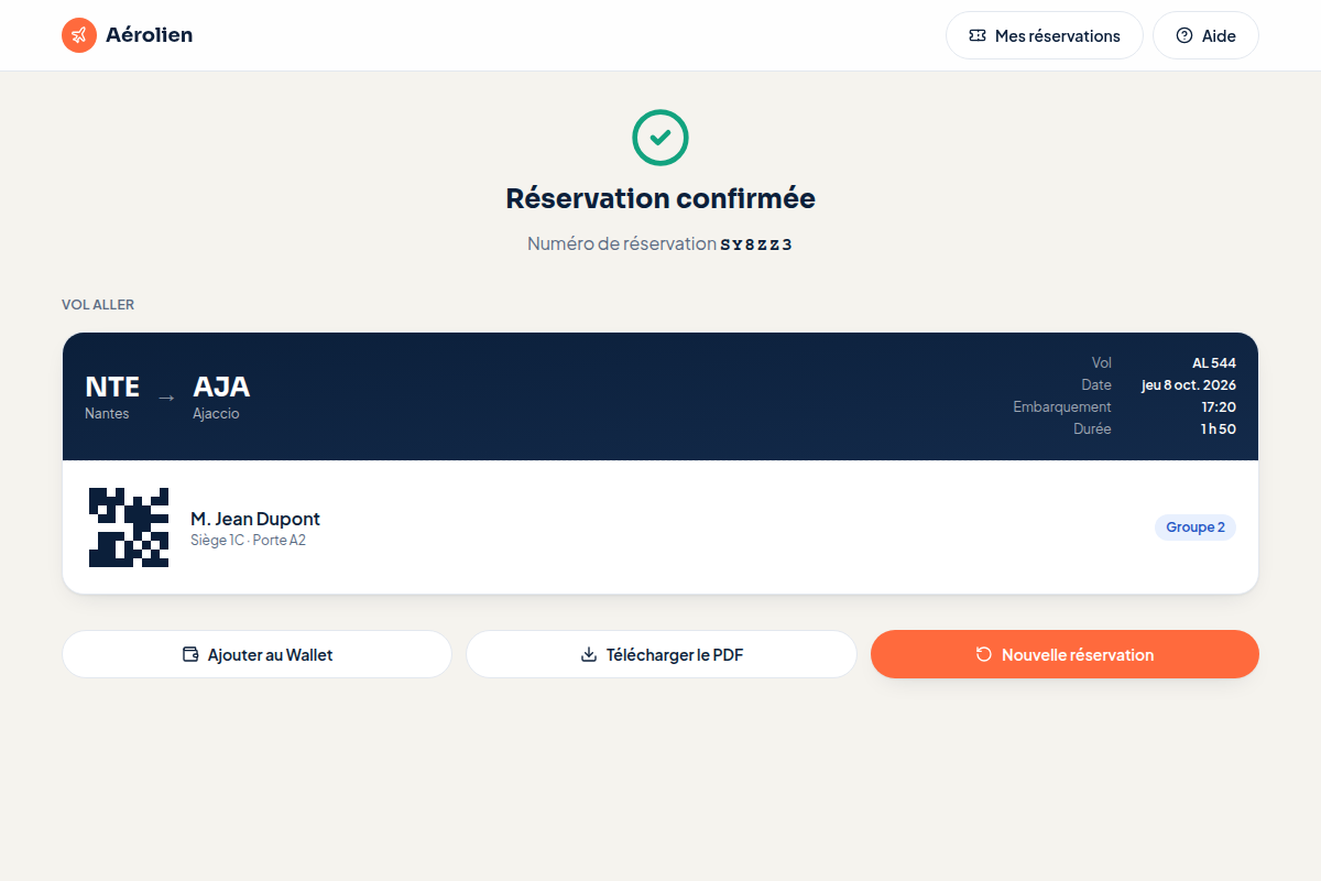 Réservation confirmée et carte d'embarquement