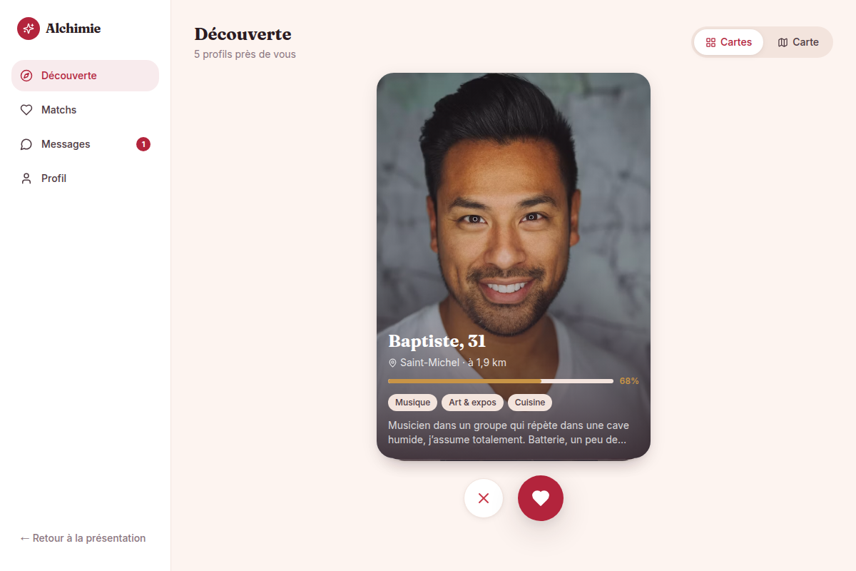 Pile de profils swipeables façon Tinder