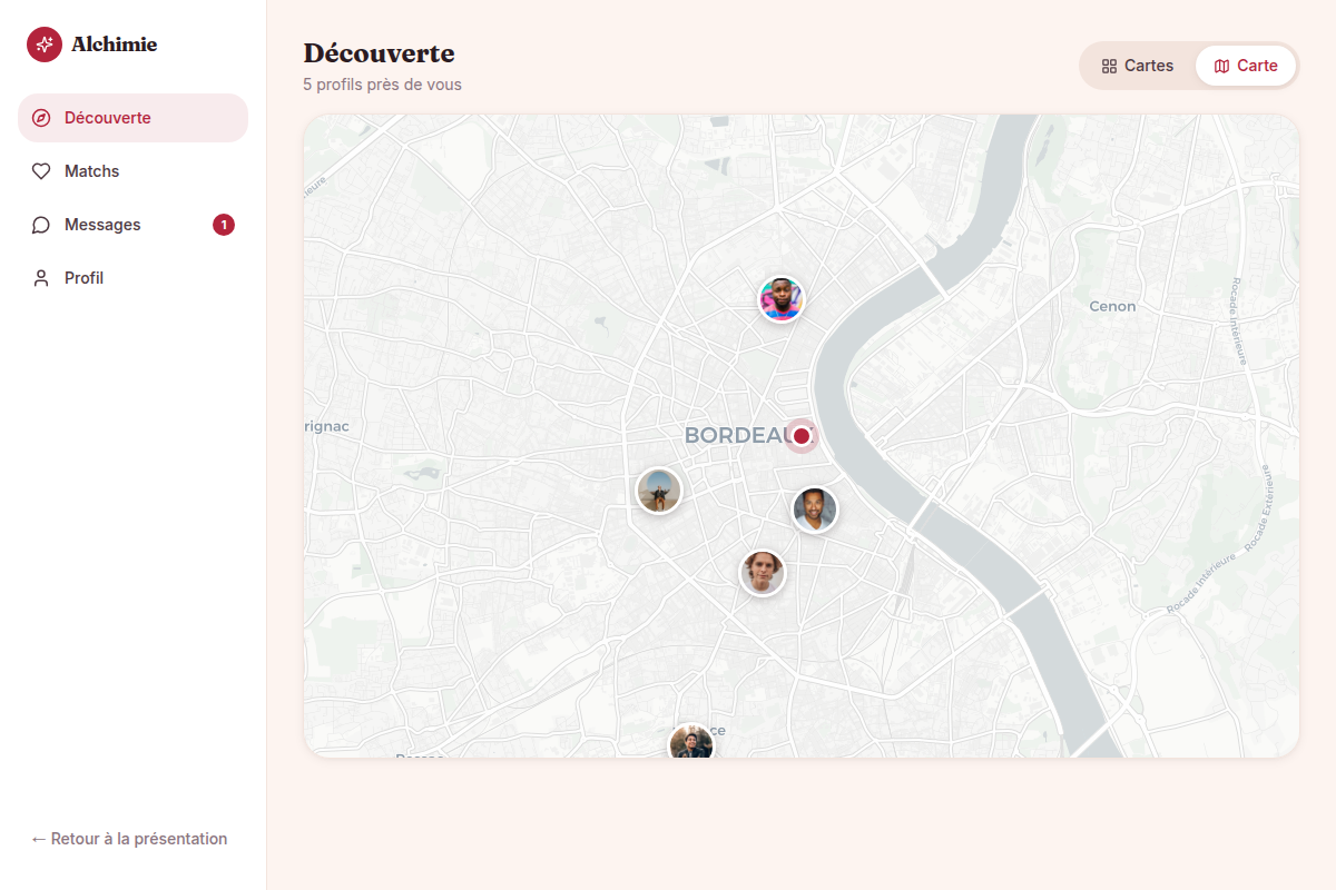 Vue carte géolocalisée des profils à proximité