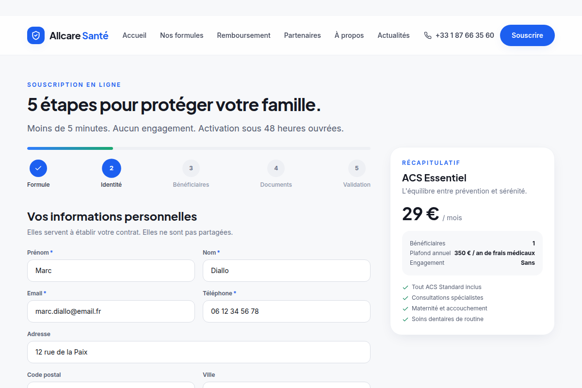 Souscription : formulaire d'identité renseigné