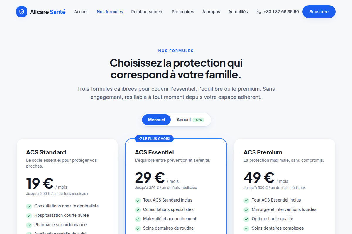 Comparateur des 3 formules ACS, mensuel ou annuel
