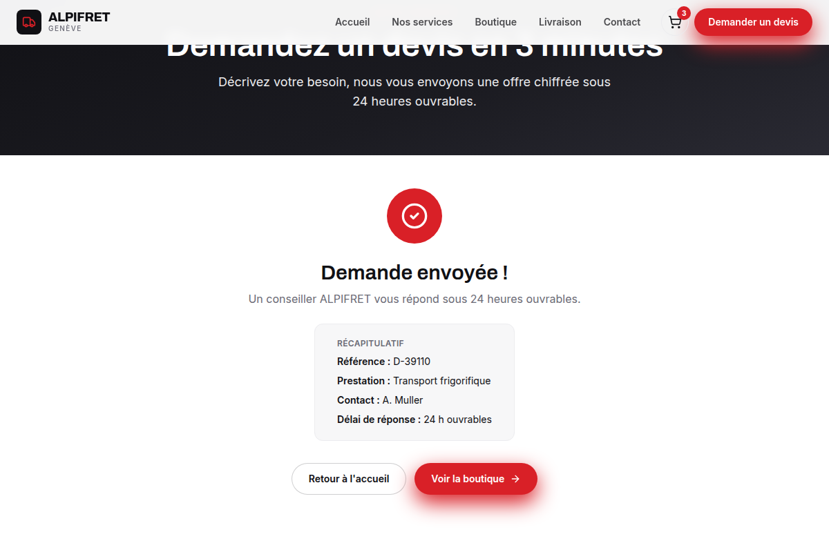 Écran de confirmation avec référence de demande