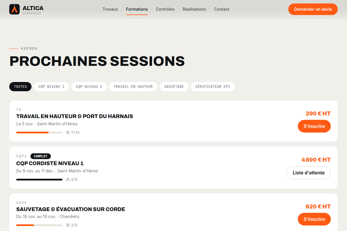 Agenda des sessions avec jauges de places