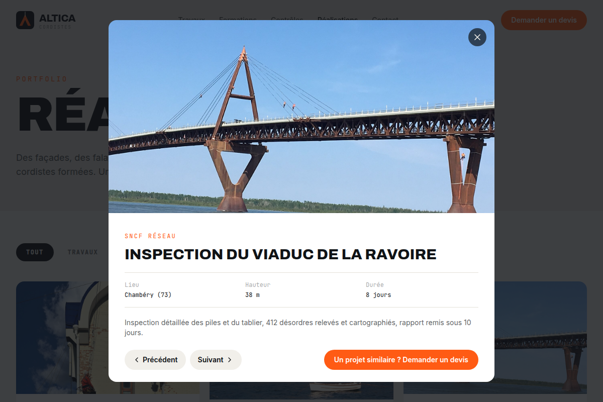 Fiche chantier : lieu, hauteur, durée, client