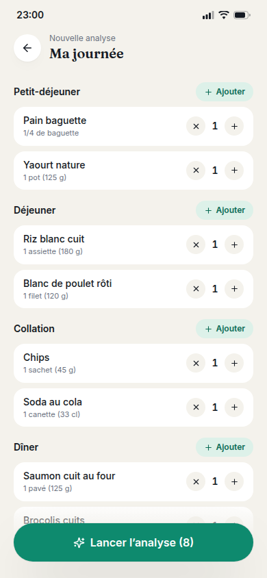 Saisie des repas par créneau, aliment par aliment