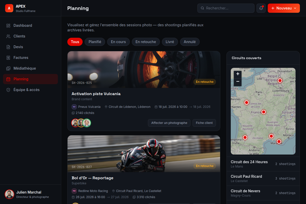 Planning shootings + carte des circuits
