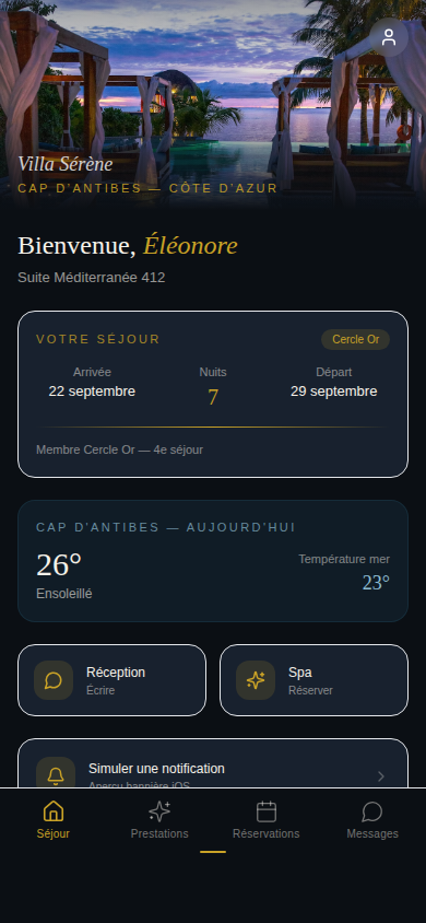Accueil : séjour, météo et signatures