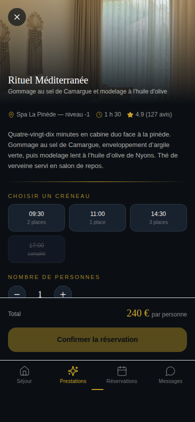 Fiche prestation et créneaux disponibles