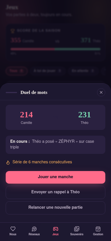 Détail d'une partie : scores, série, actions