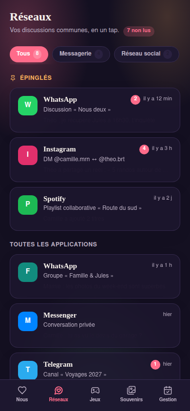Réseaux : raccourcis épinglés vers vos messageries
