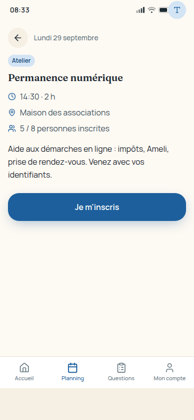 Détail d'un atelier avec inscription