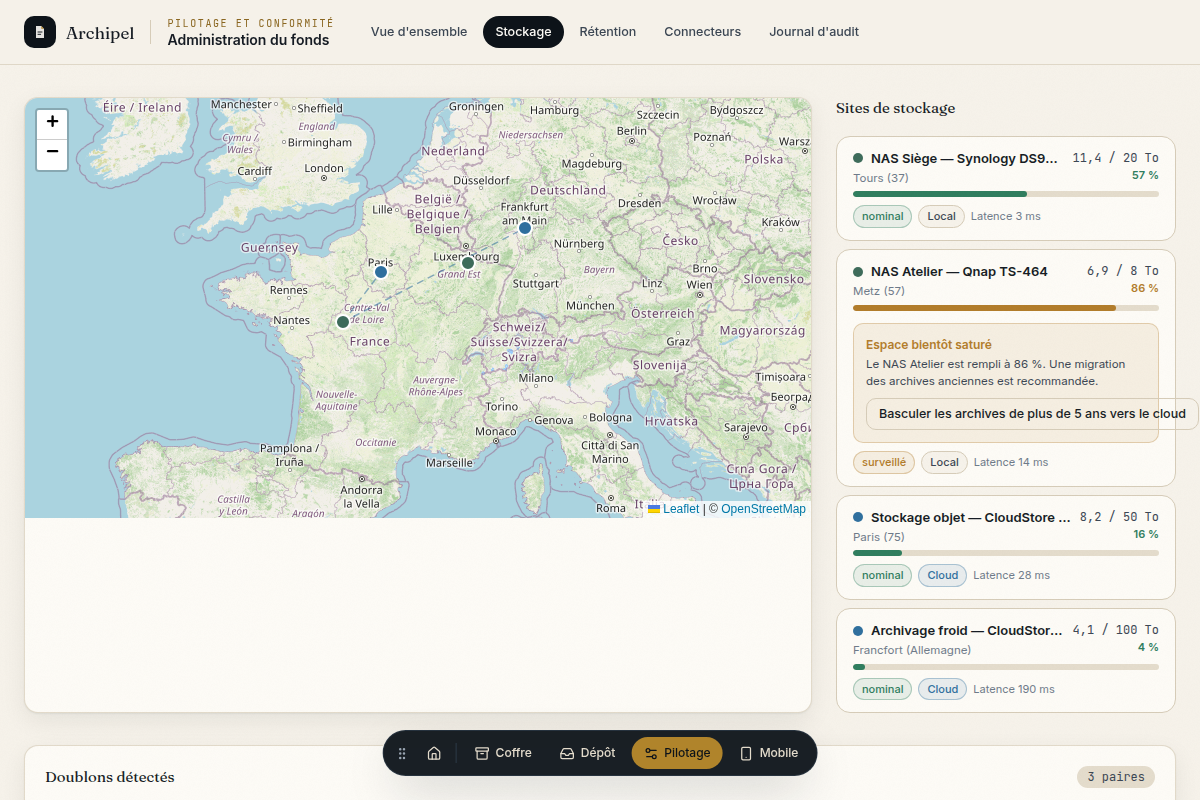 4 sites de stockage, local et cloud