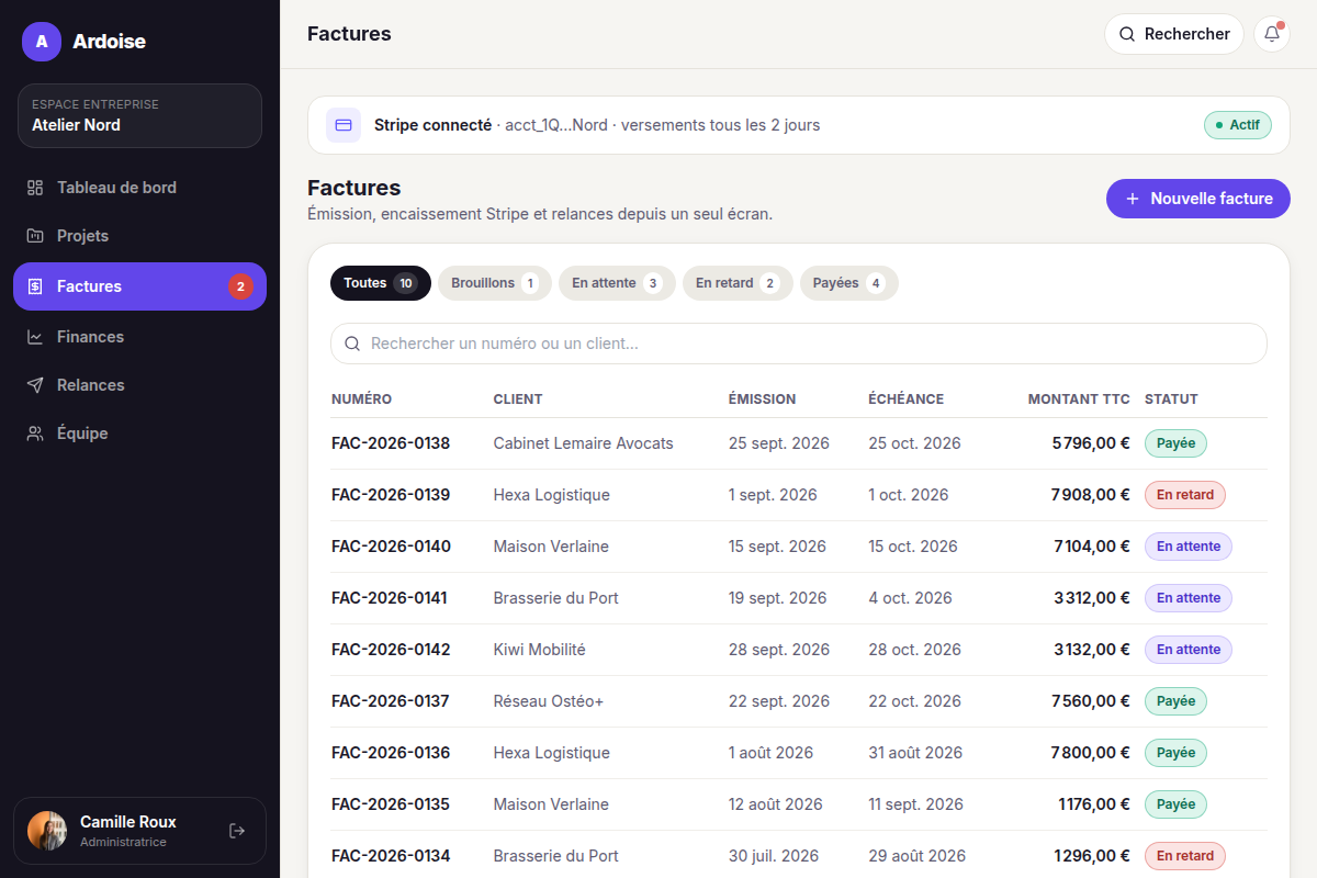 Liste des factures et statuts de paiement
