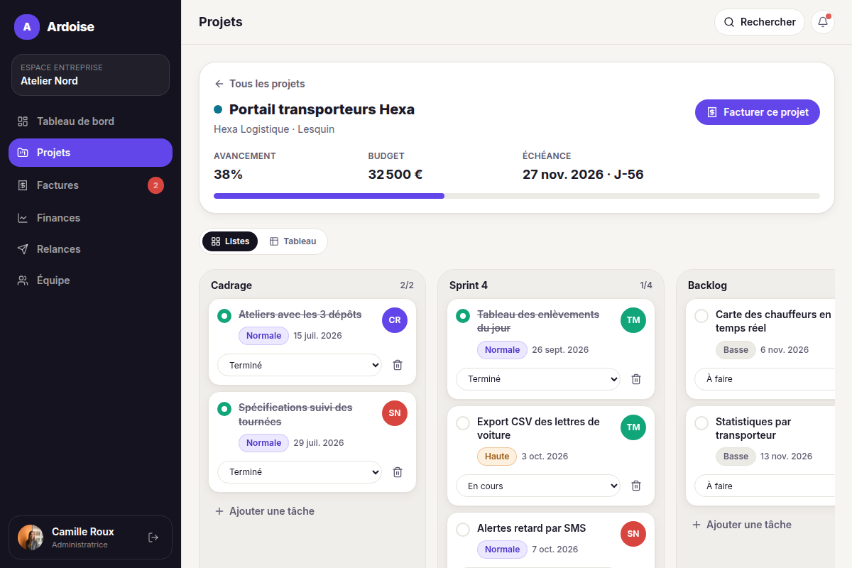 Détail projet : listes et tâches assignées