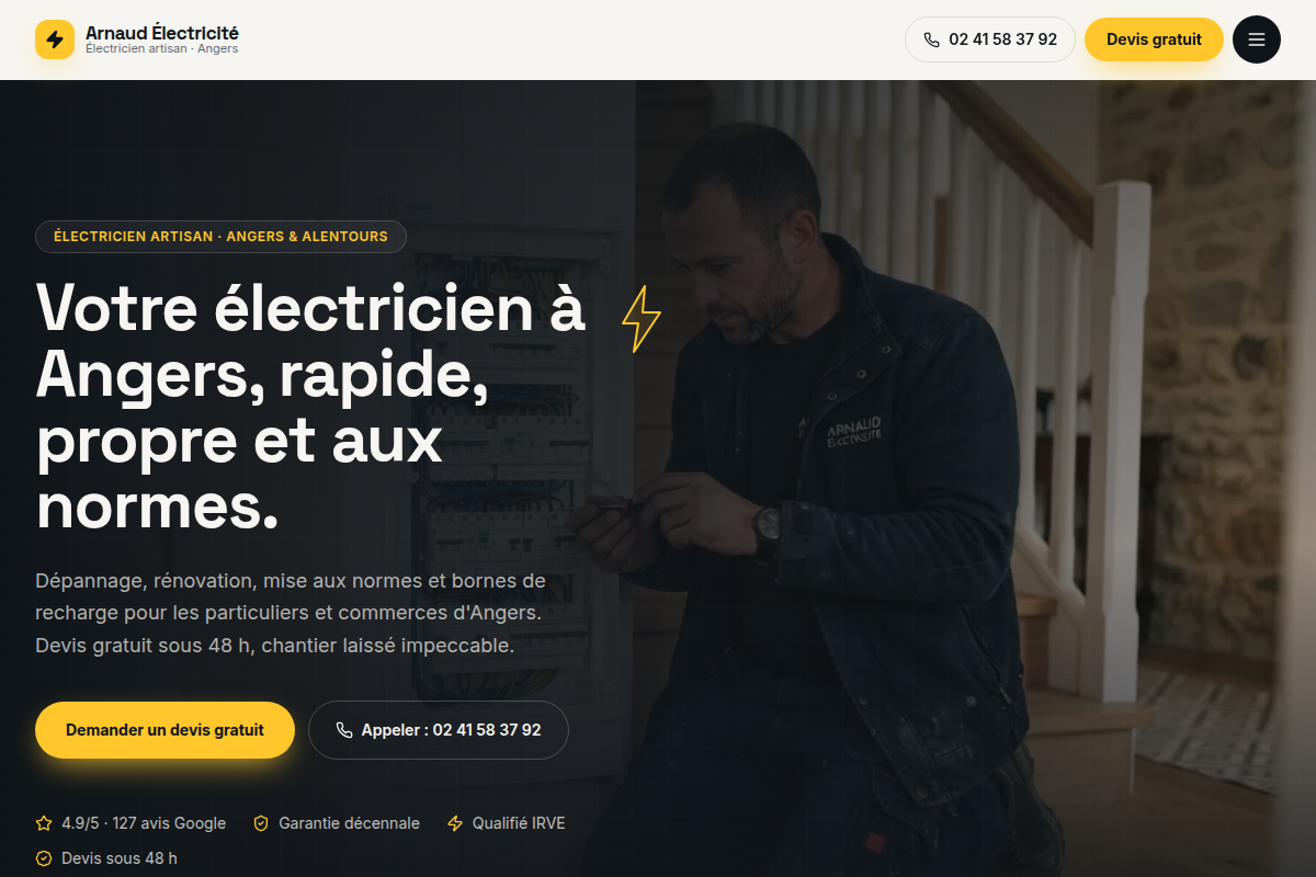 Accueil avec accroche, appel et devis gratuit