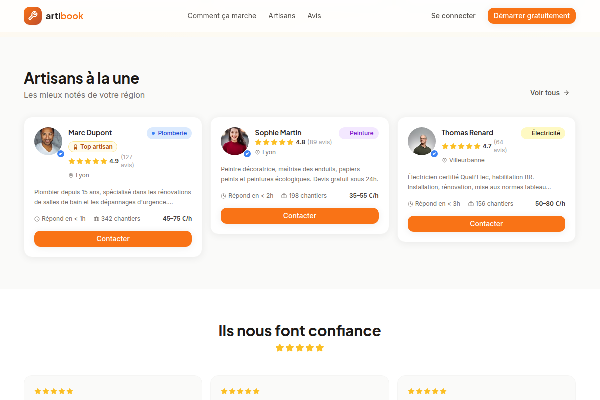Artisans vérifiés mis en avant avec leurs avis