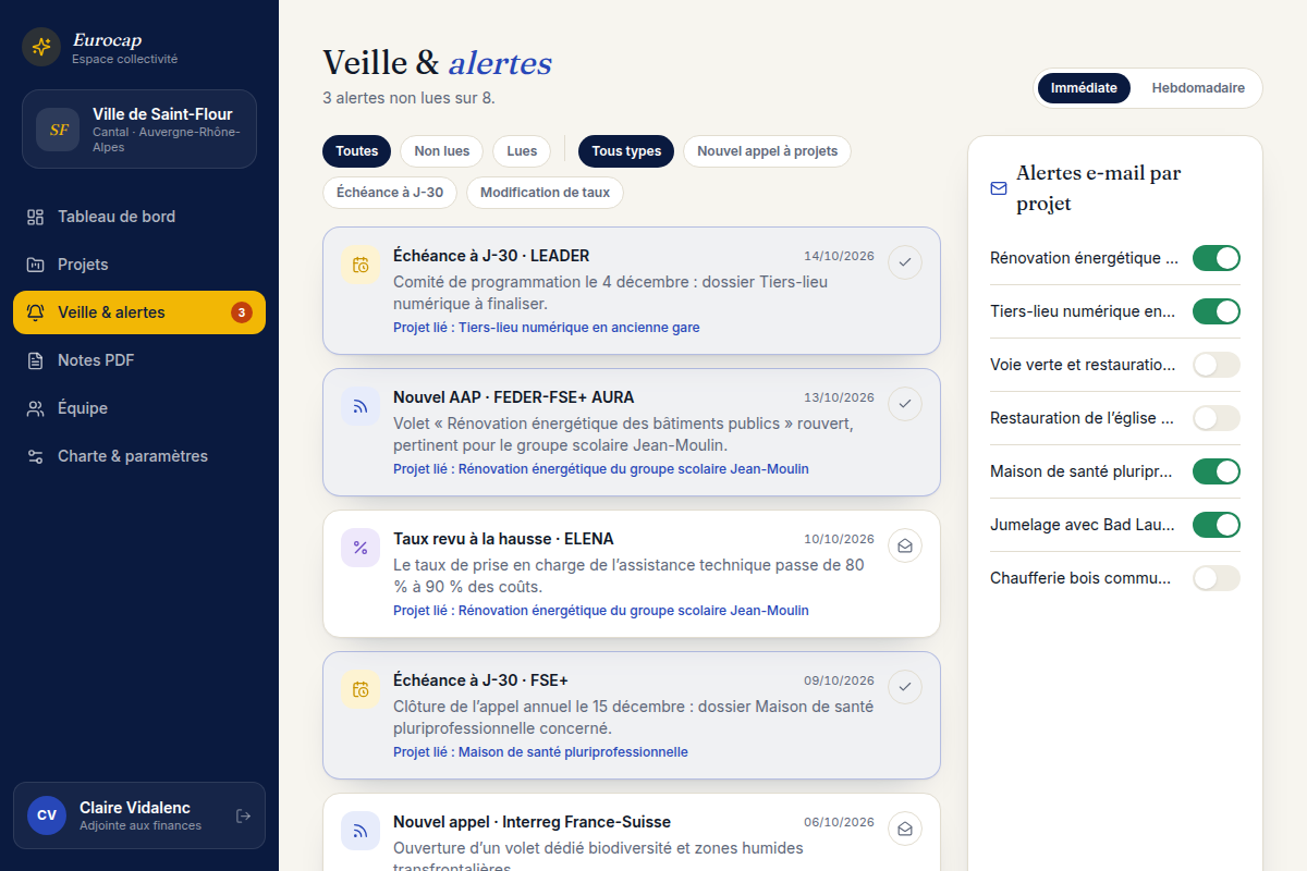 Alertes sur nouveaux appels et échéances