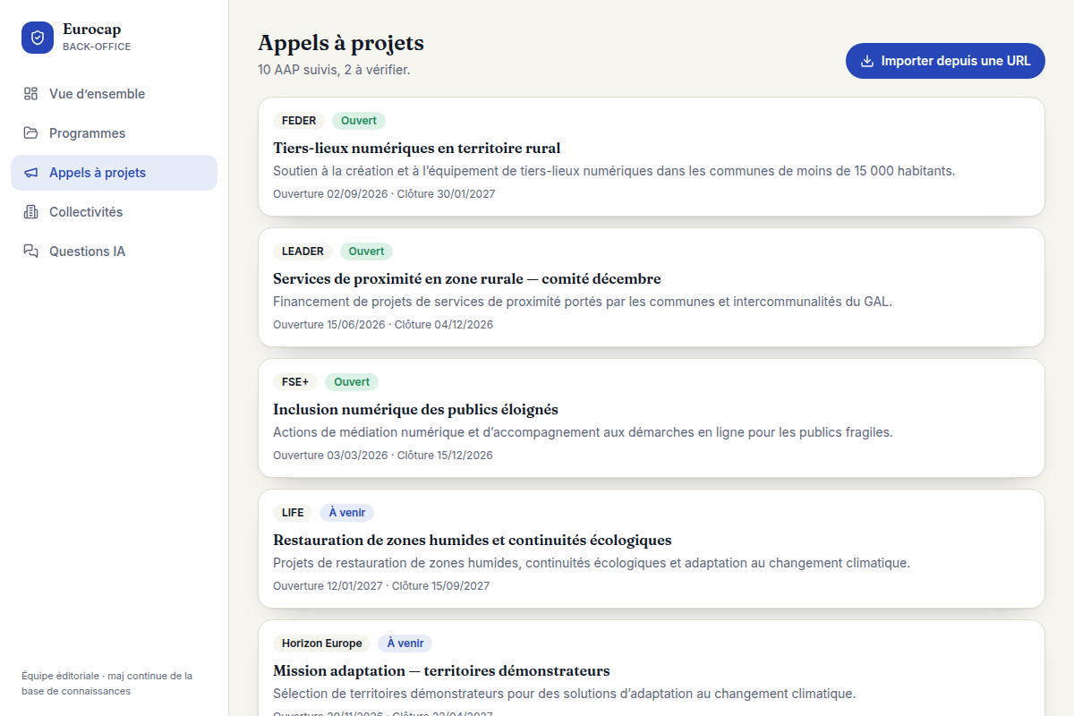 Suivi des AAP ouverts, à venir, à vérifier
