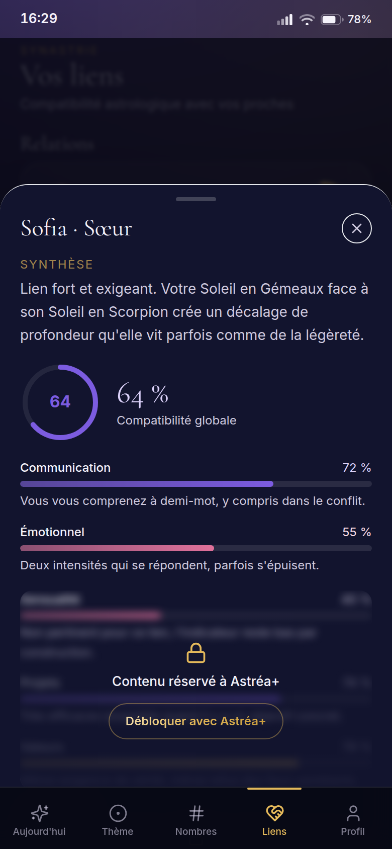 Synastrie détaillée avec contenu premium flouté