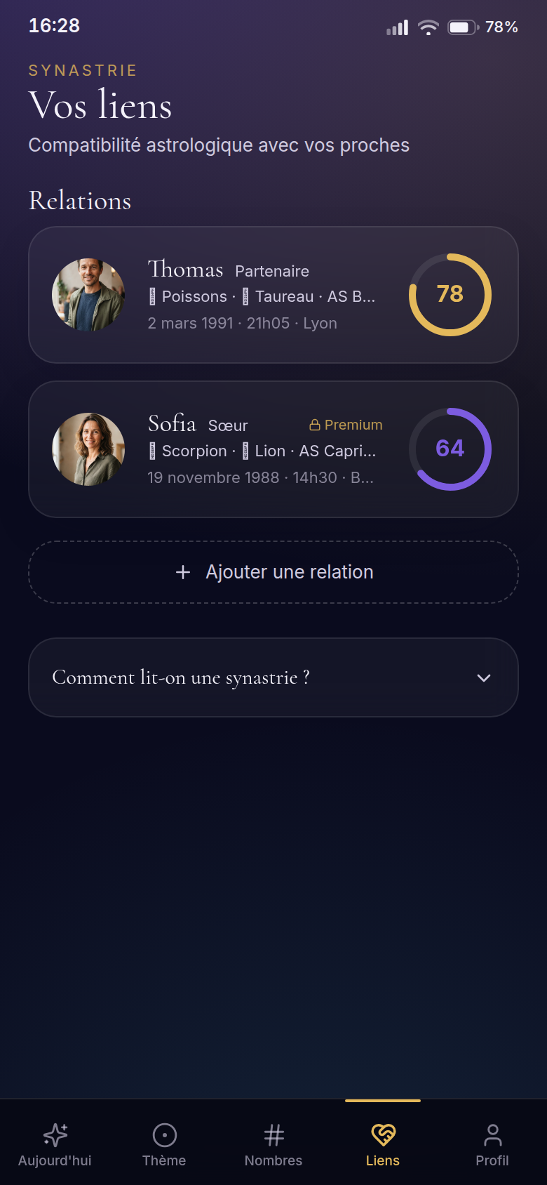Liste des relations avec score de compatibilité
