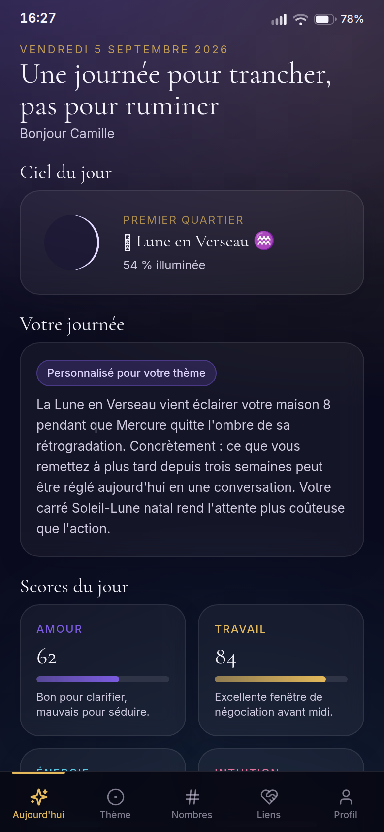 Guide du jour : lune, scores, transits, rituel