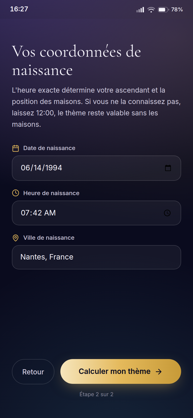 Saisie des coordonnées de naissance