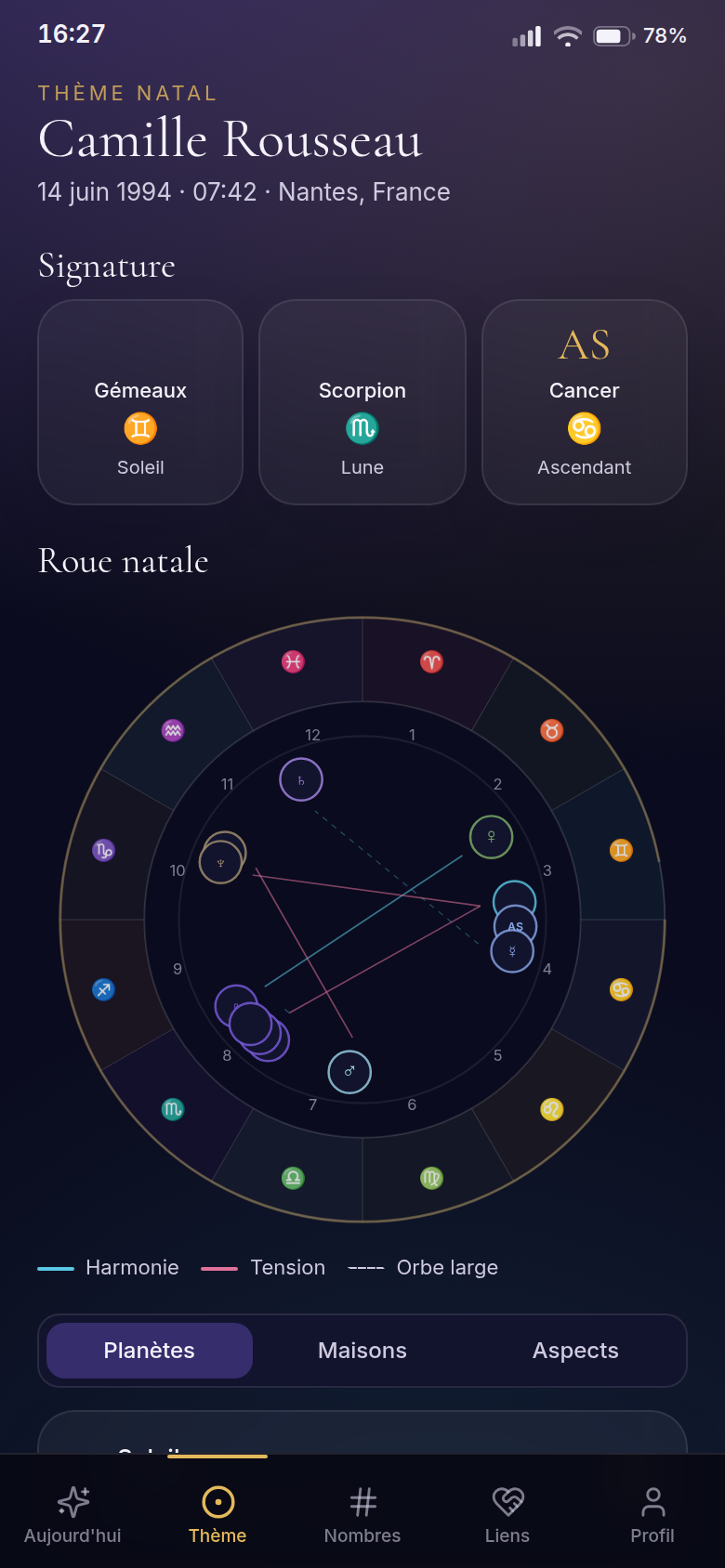 Roue astrologique interactive avec planètes