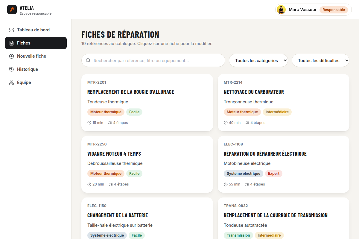 Catalogue des fiches de réparation