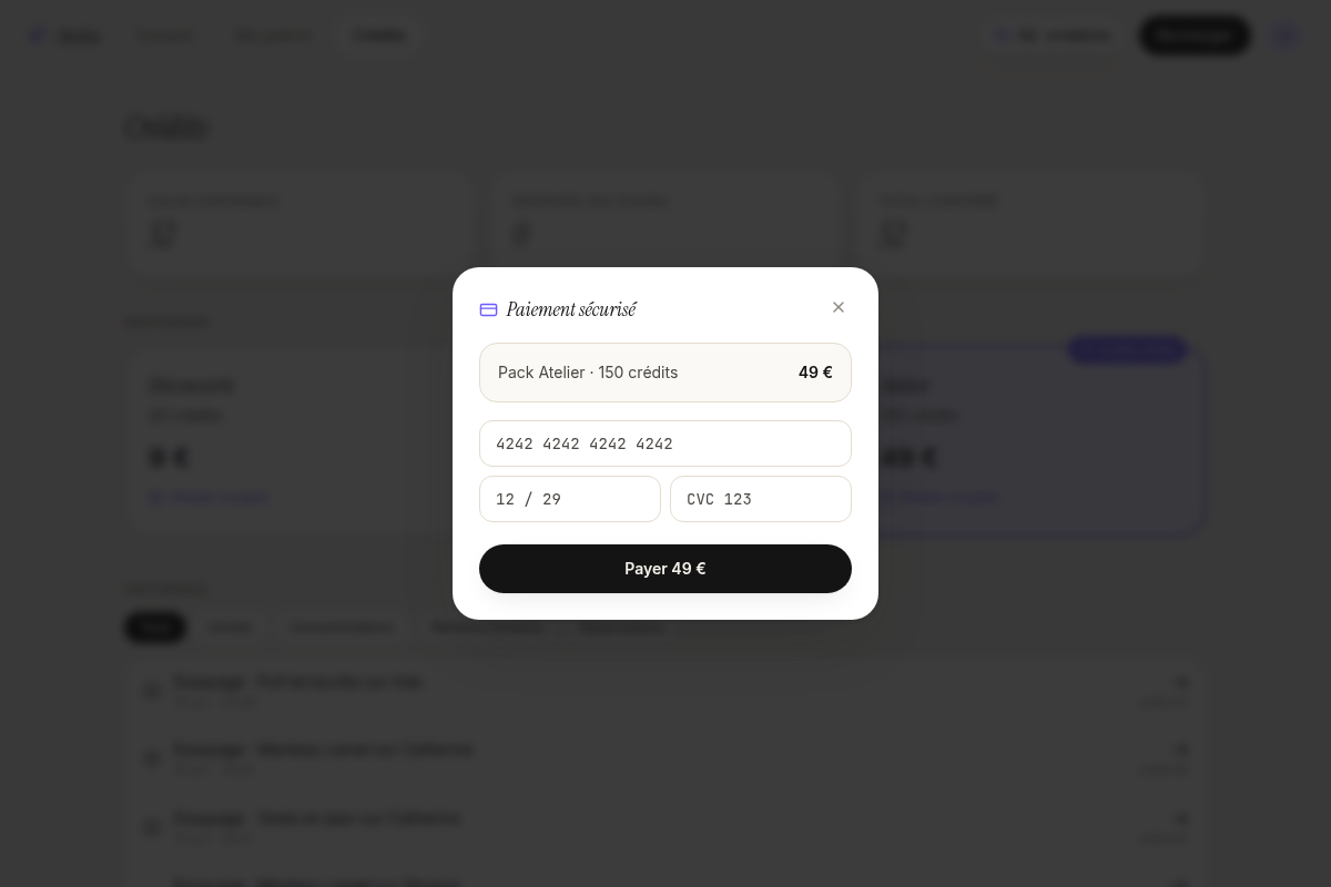 Paiement sécurisé d'un pack de crédits