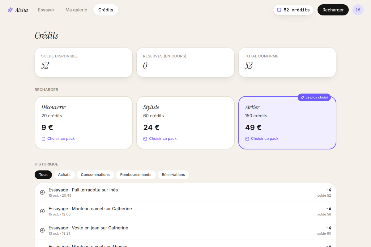Solde, packs de crédits et historique