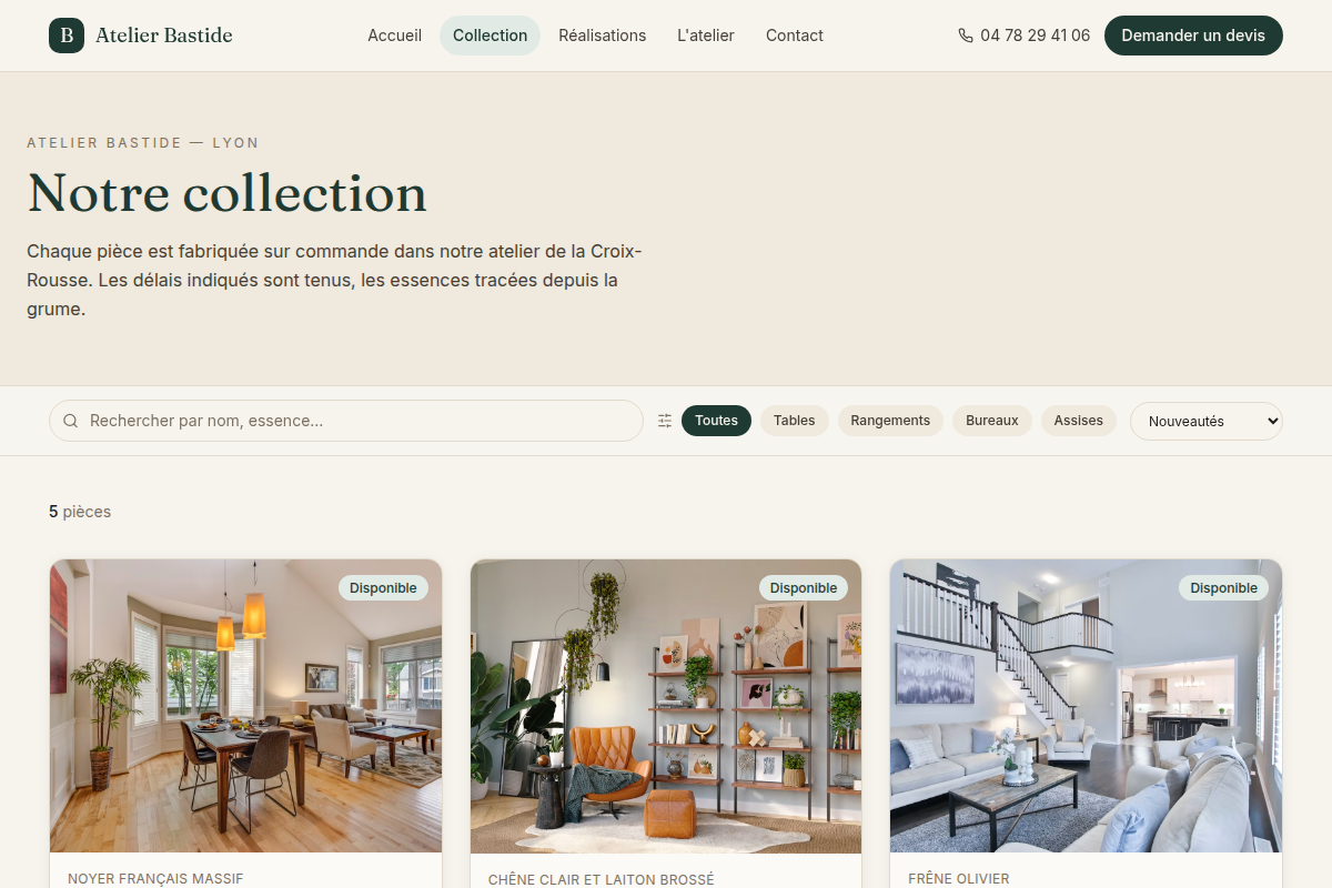 Catalogue avec filtres par catégorie