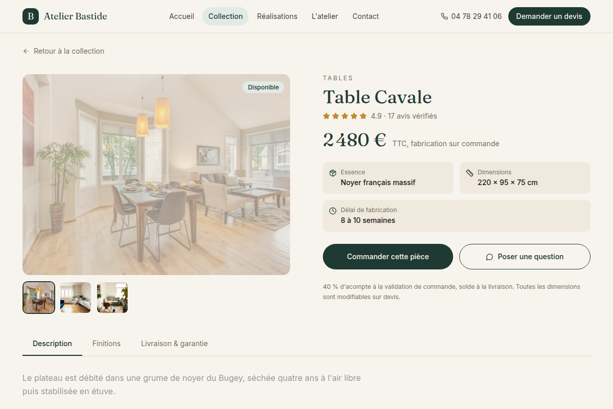 Fiche produit détaillée, prix et finitions