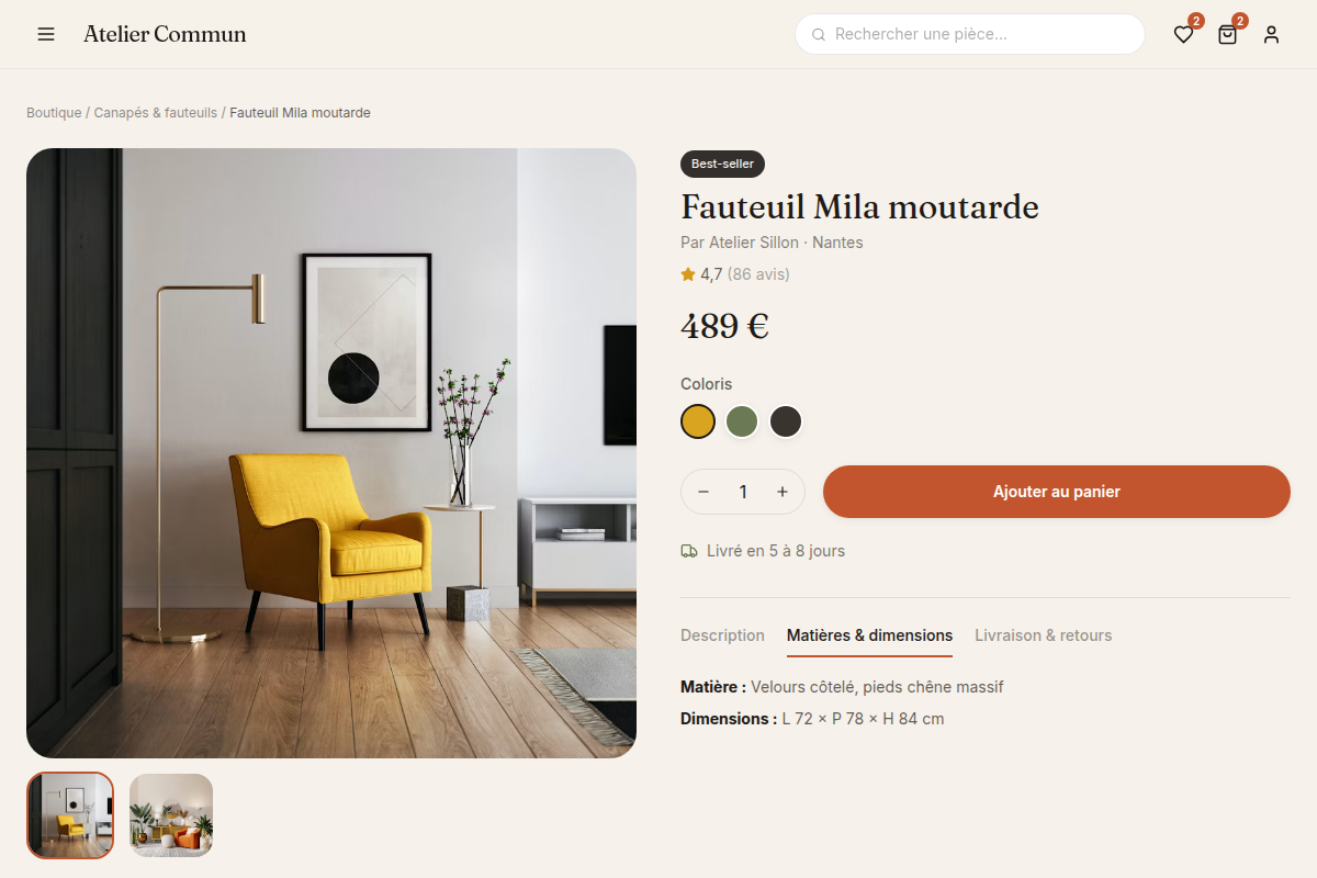 Fiche produit : coloris, matière, délai de livraison
