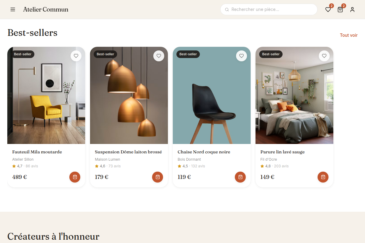 Best-sellers mis en avant avec badges et avis