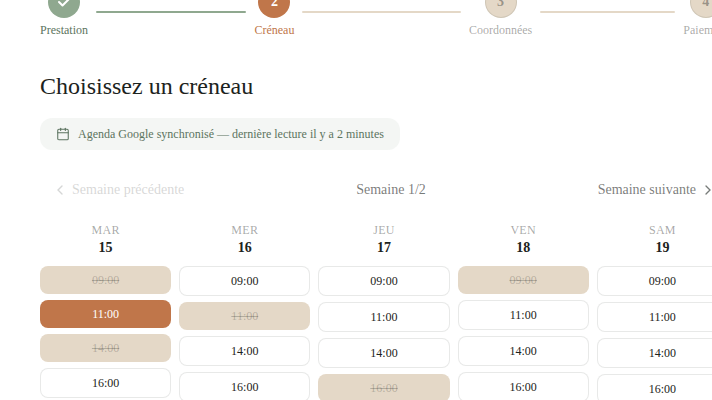 Créneaux calés sur l'agenda réel