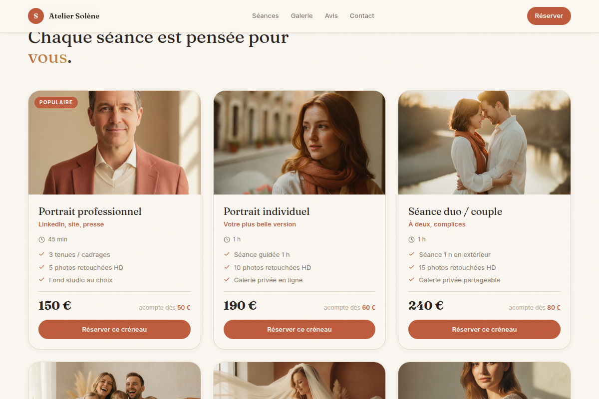 Catalogue des séances avec prix et acompte