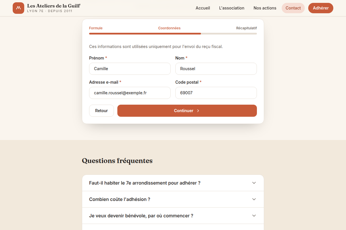 Parcours d'adhésion, étape 2 (coordonnées)