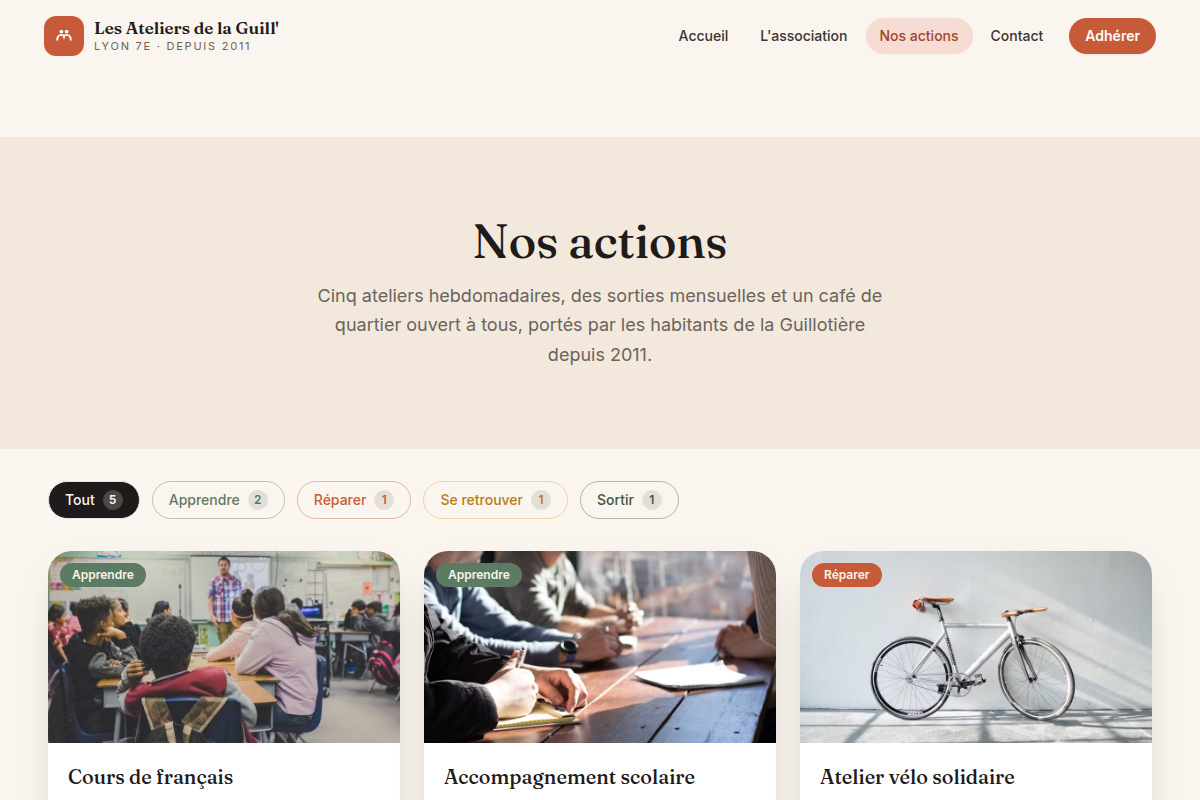 Liste des ateliers avec filtres