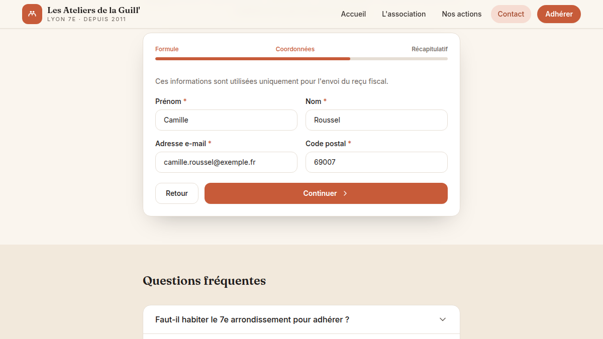 Adhésion et don en 3 écrans