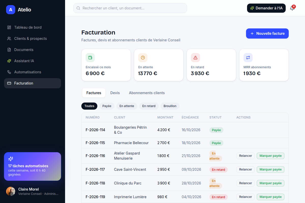 Tableau des factures avec statuts