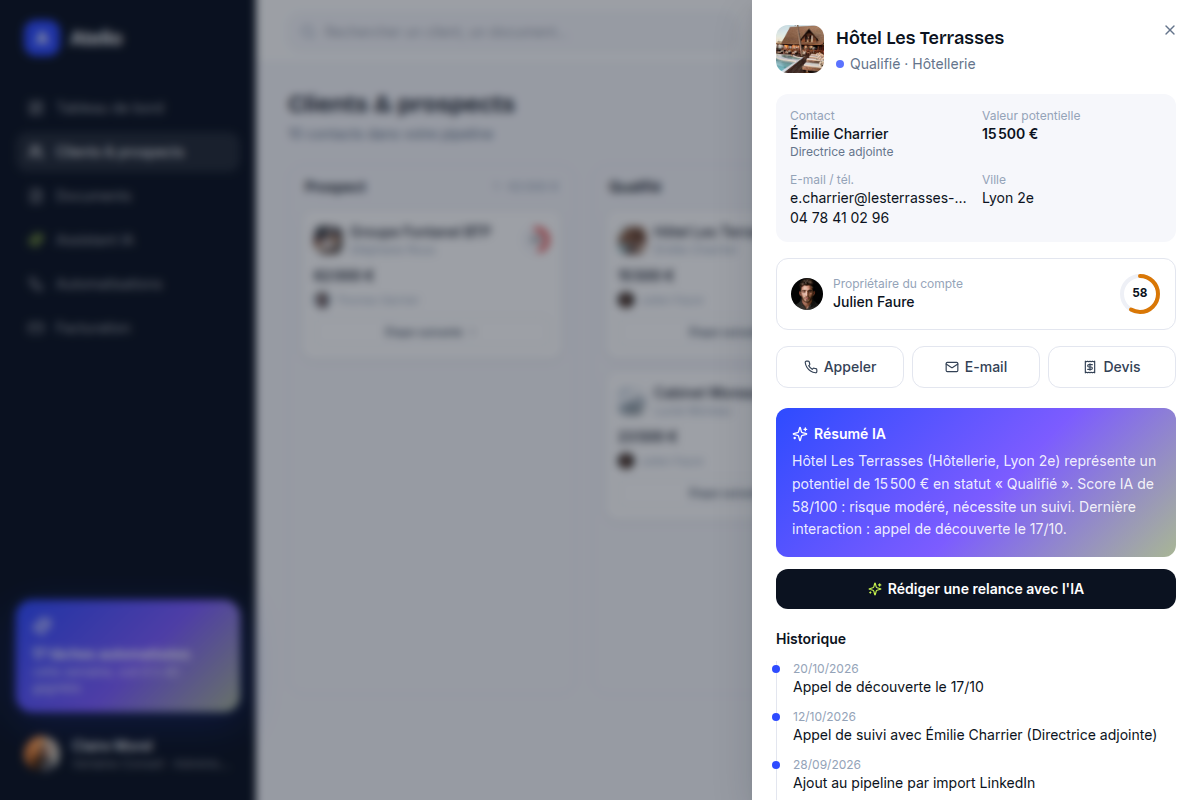 Fiche contact avec score IA et résumé
