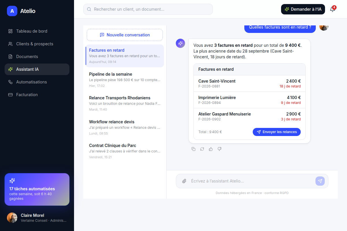 Assistant IA : factures en retard listées