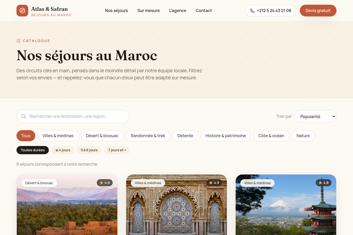 Catalogue filtrable des séjours