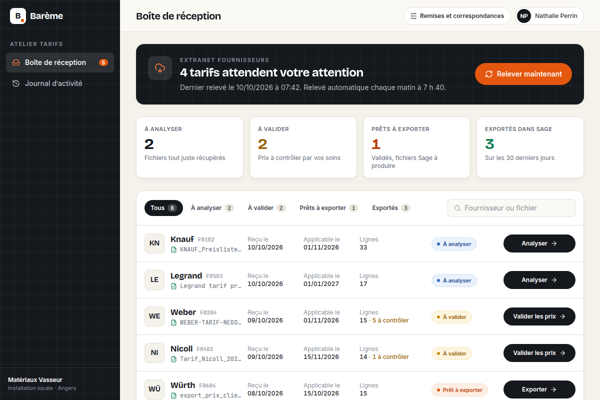 Boîte de réception des tarifs fournisseurs