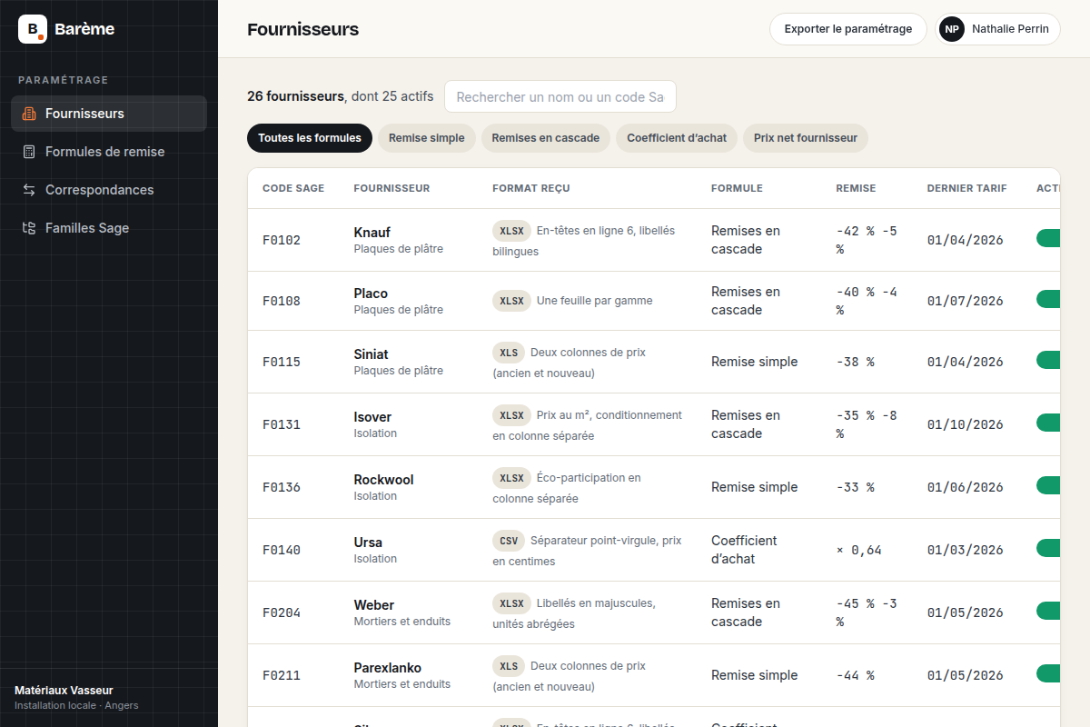 Fiche des 26 fournisseurs et leurs formats